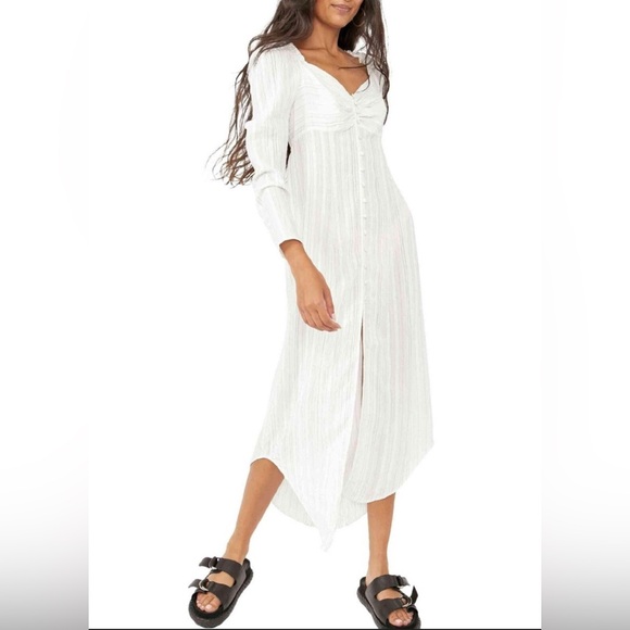 Free People Luna Button Down Pin Stripe Puff Long Sleeve Maxi Top XL - Picture 2 of 12